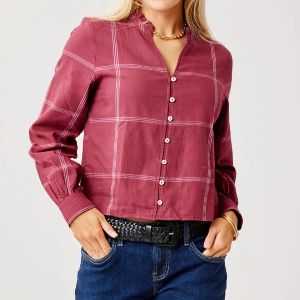 Carve Designs Reagan Twill Long Sleeve Button Down | Brick Windowpane | Size S
